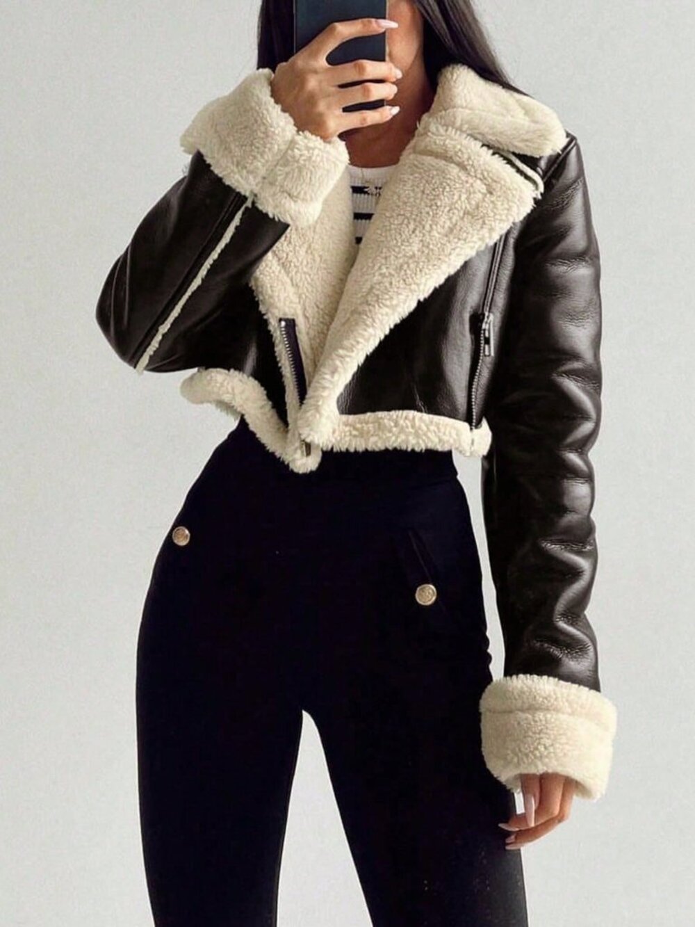 Brown Casual Women's Teddy Fleece Lined faux fur cropped Motorcycle Jacket - Picture 7 of 9